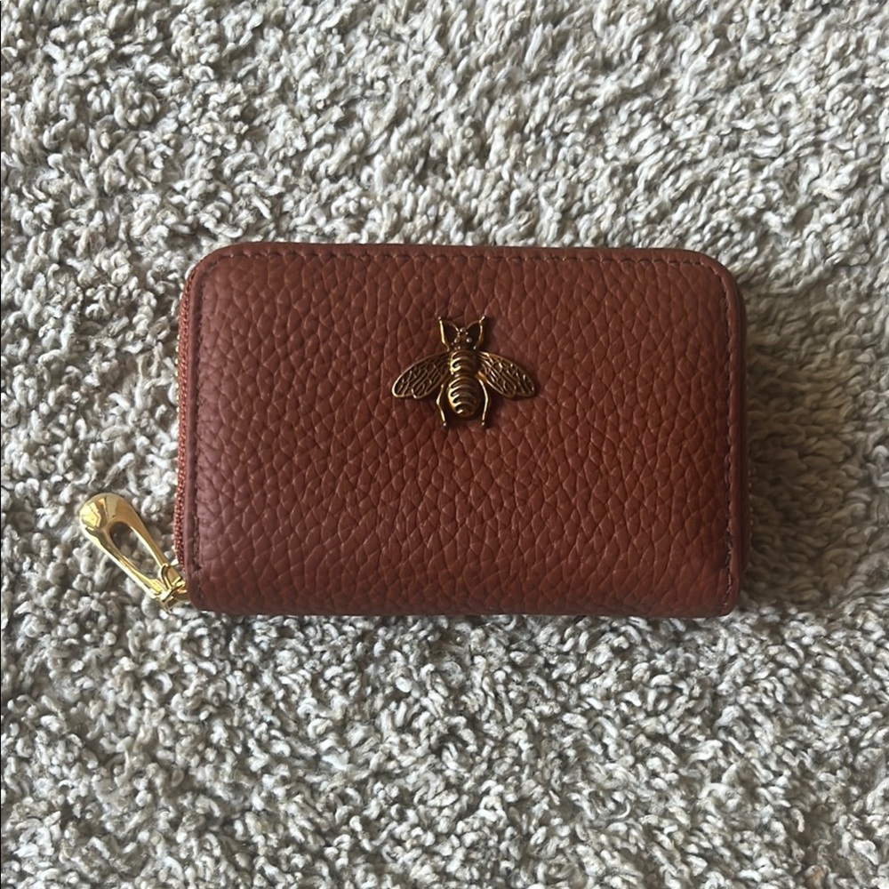 Brown Leather Wallet with Gold Bee Accent